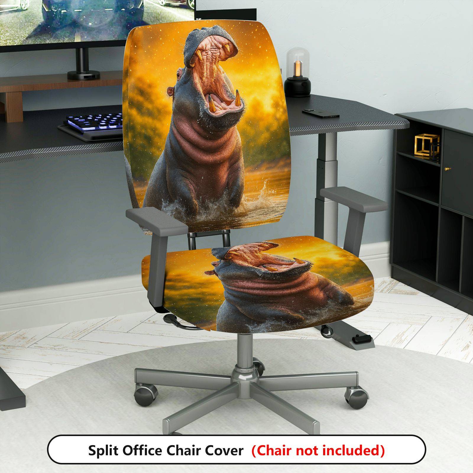 2-Piece Animal Nature Art Hippo Wildlife Vibrant  Computer Chair Cover Set, Seat and Backrest