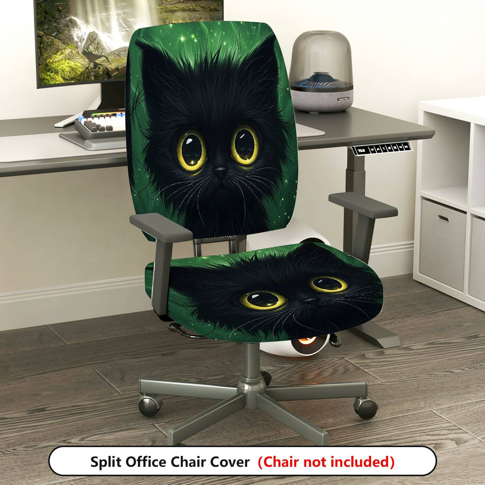 2-Piece Cute Black Cat Green Artistic Vibrant Halloween  Computer Chair Cover Set, Seat and Backrest