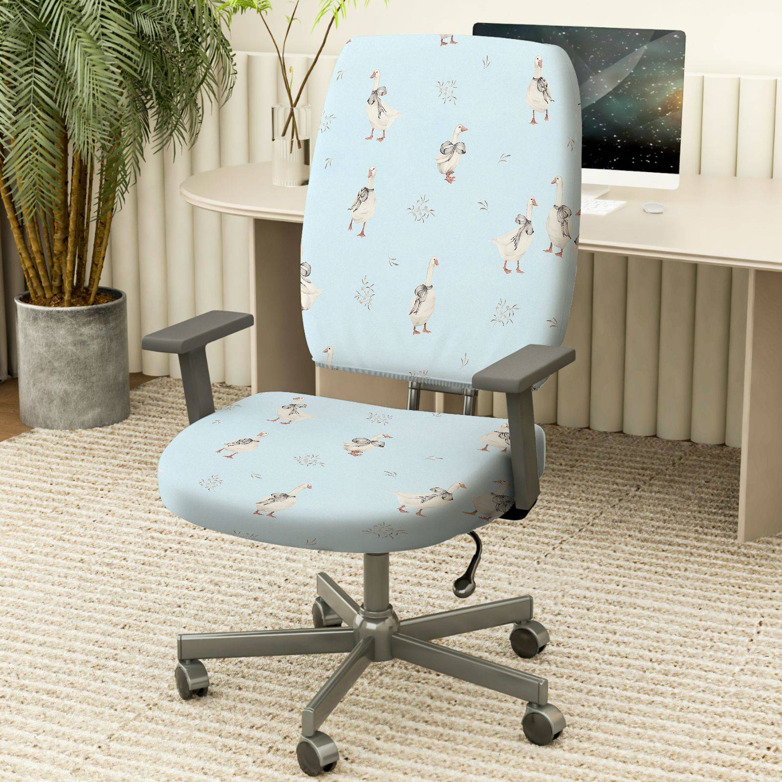 2-Piece Animal Duck Pastel Blue Fun Cute  Computer Chair Cover Set, Seat and Backrest