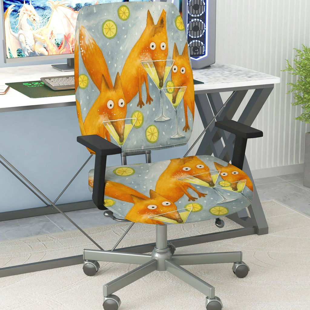 2-Piece Animal Fox Lemon Illustration  Computer Chair Cover Set, Seat and Backrest