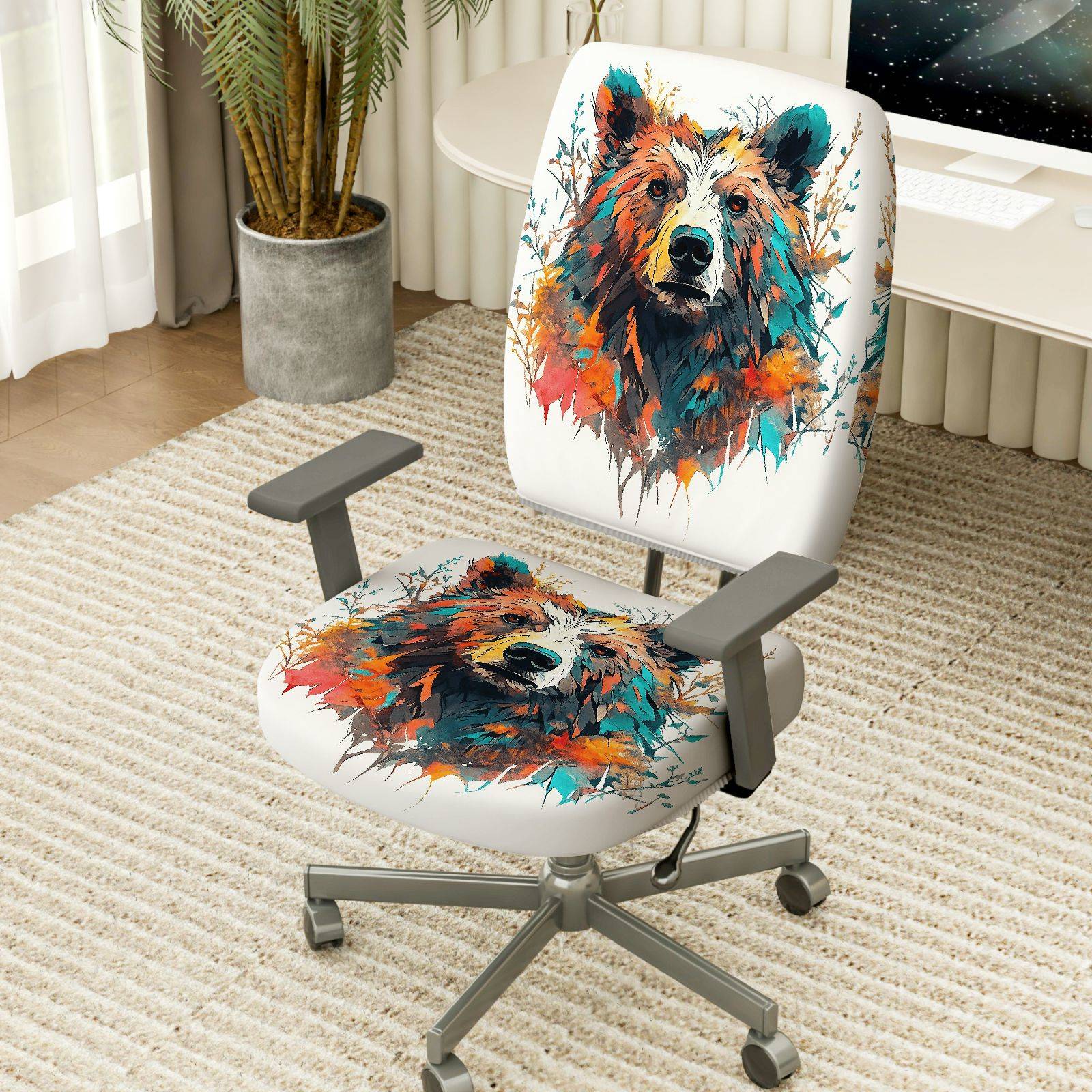 2-Piece Colorful Bear Animal Art Design  Computer Chair Cover Set, Seat and Backrest