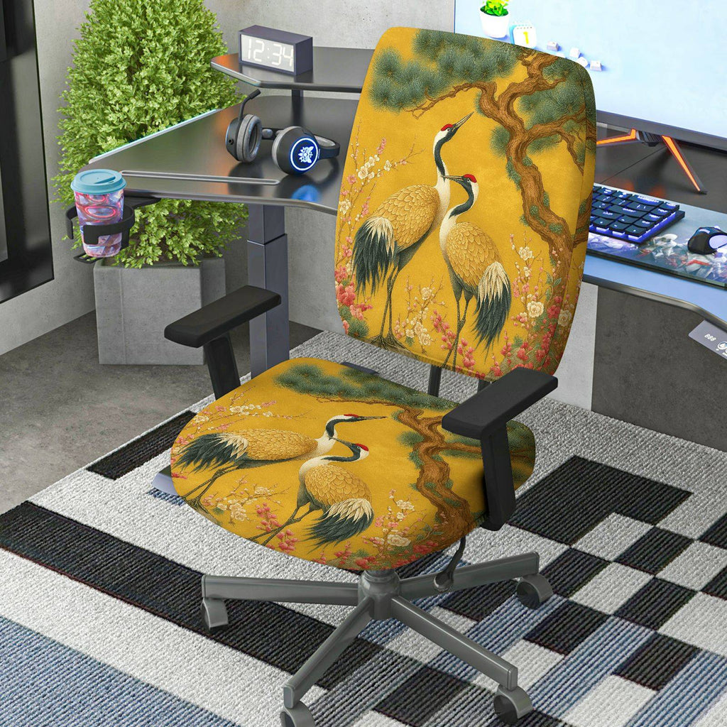 2-Piece Asian Crane Floral Tree Nature Art  Computer Chair Cover Set, Seat and Backrest