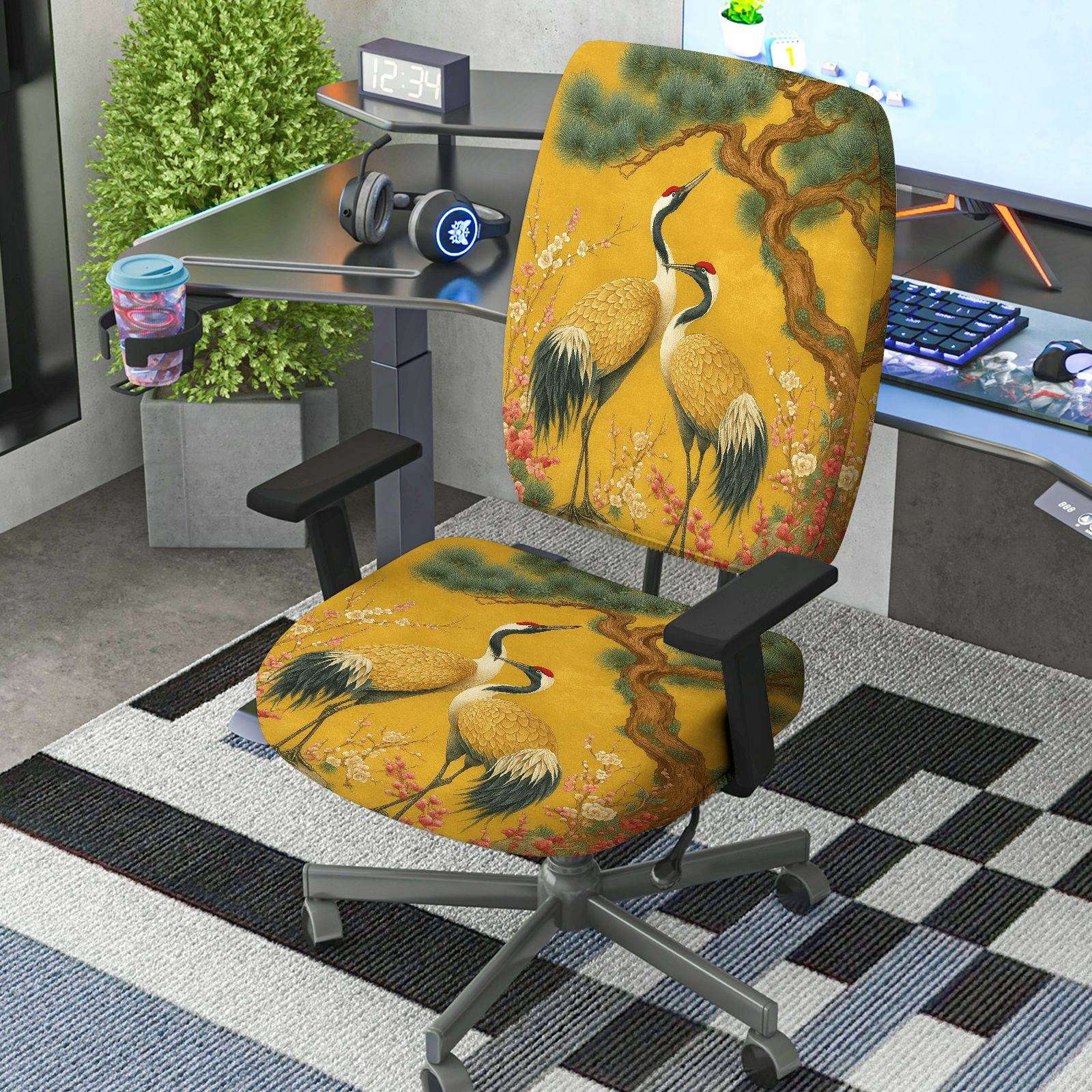 2-Piece Asian Crane Floral Tree Nature Art  Computer Chair Cover Set, Seat and Backrest