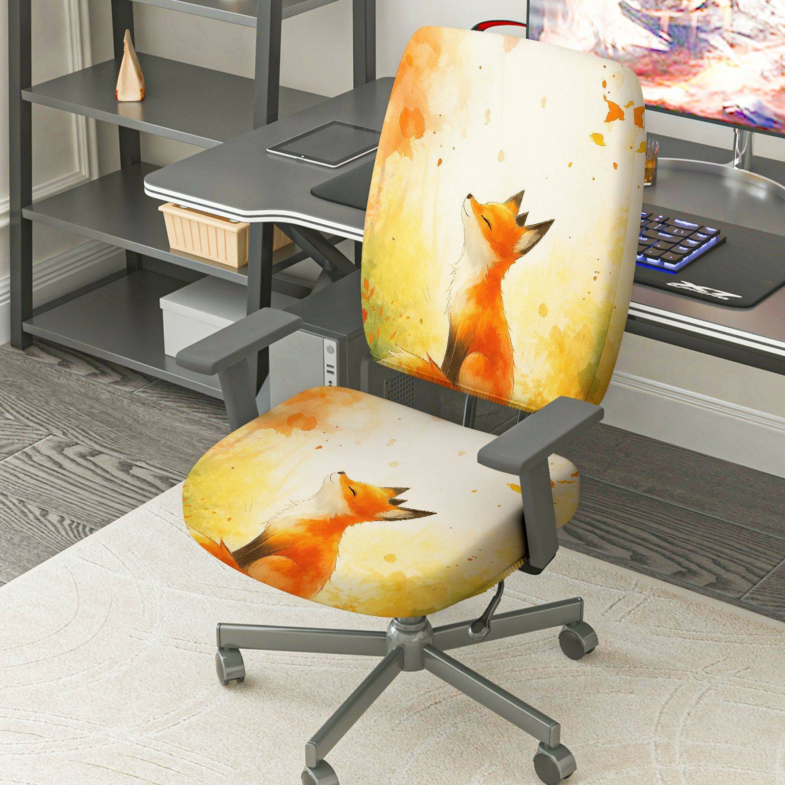 2-Piece Fox Pattern Design Art Animal  Computer Chair Cover Set, Seat and Backrest