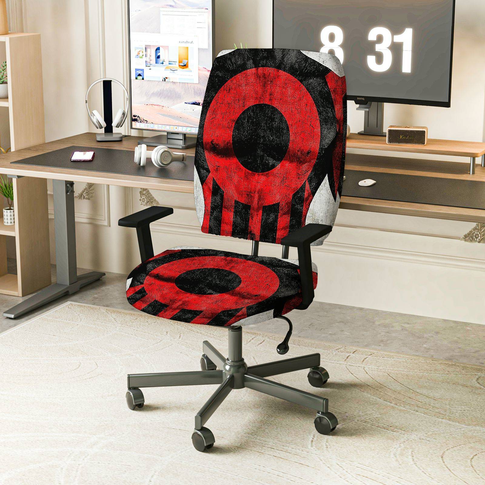 2-Piece Modern Geometric Red Black Artistic Pattern  Computer Chair Cover Set, Seat and Backrest