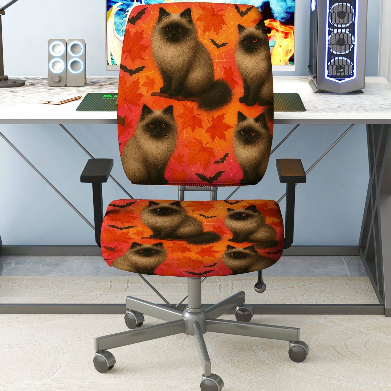 2-Piece Autumn Cat Halloween Bat Leaf  Computer Chair Cover Set, Seat and Backrest