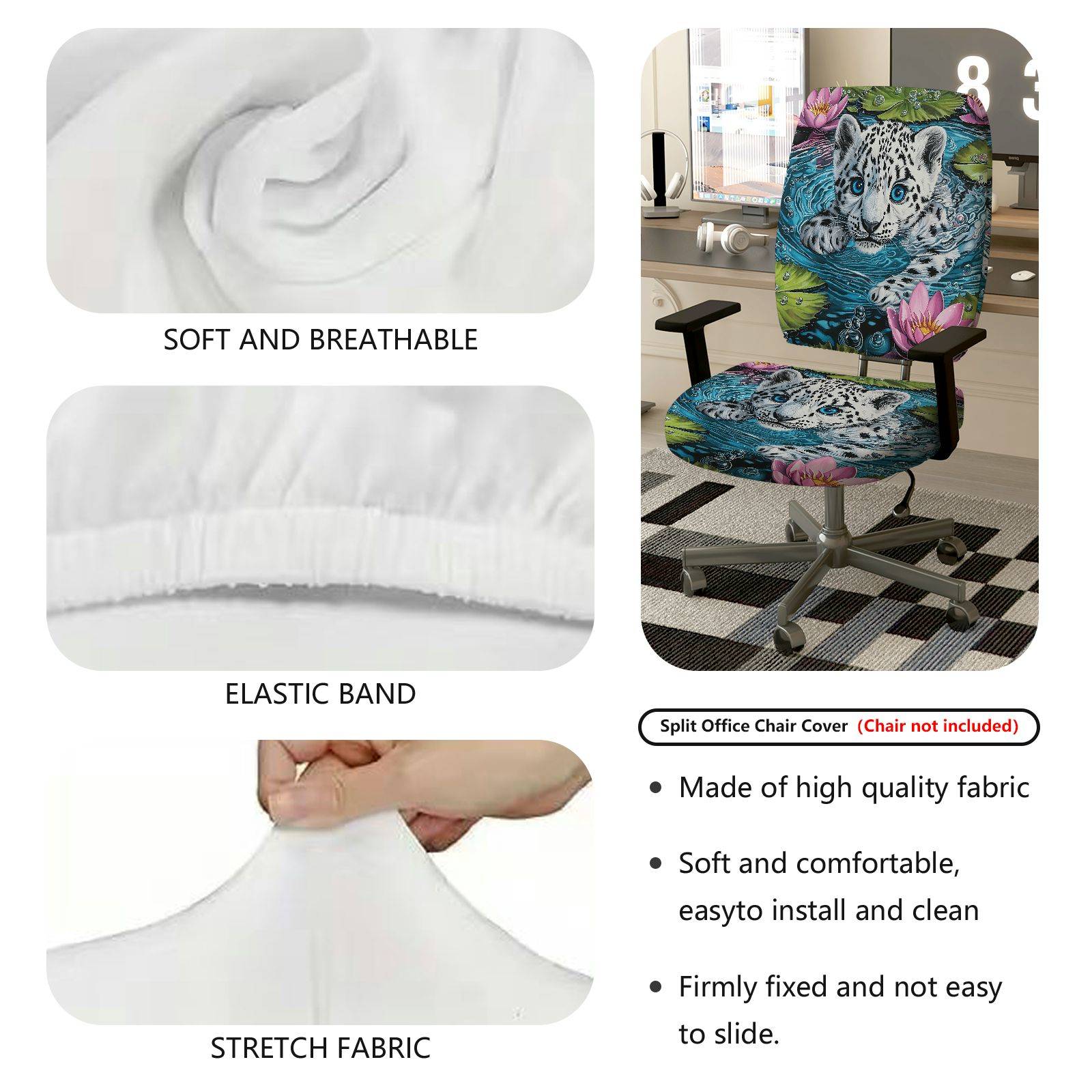 2-Piece Animal Print Floral Water Lily Leopard  Computer Chair Cover Set, Seat and Backrest