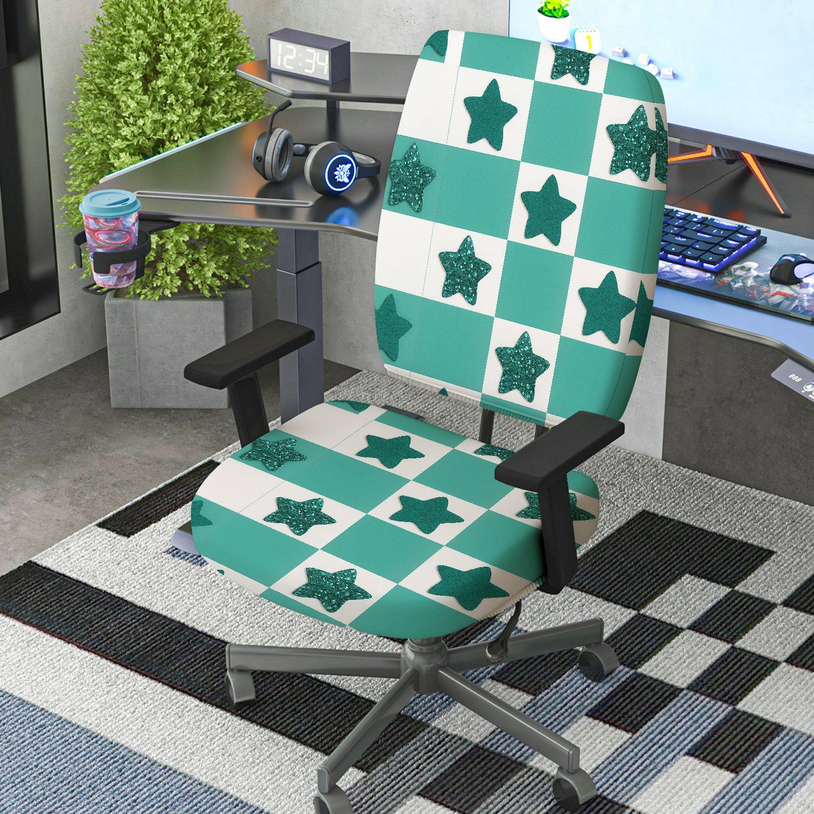 2-Piece Aesthetic Checkered Star Glitter Geometric  Computer Chair Cover Set, Seat and Backrest