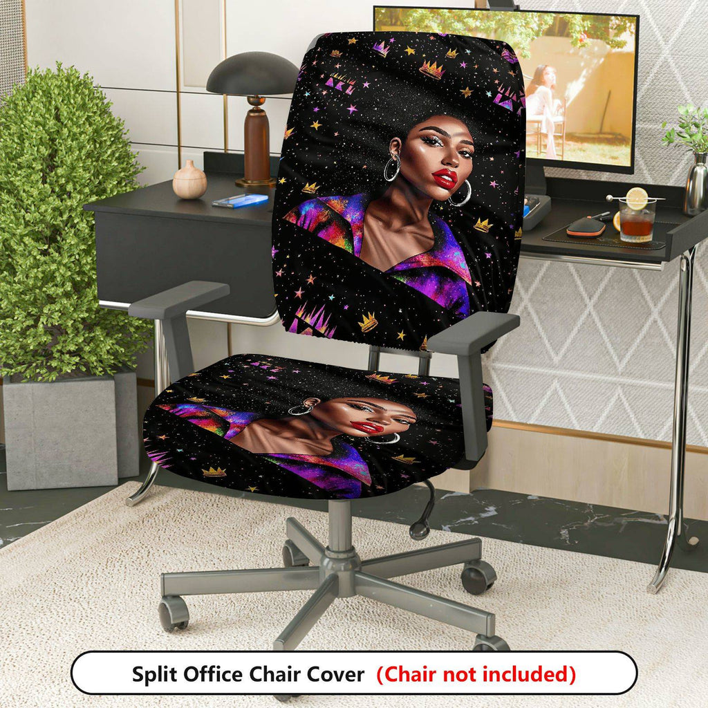2-Piece African American Woman Galaxy Crown Star  Computer Chair Cover Set, Seat and Backrest