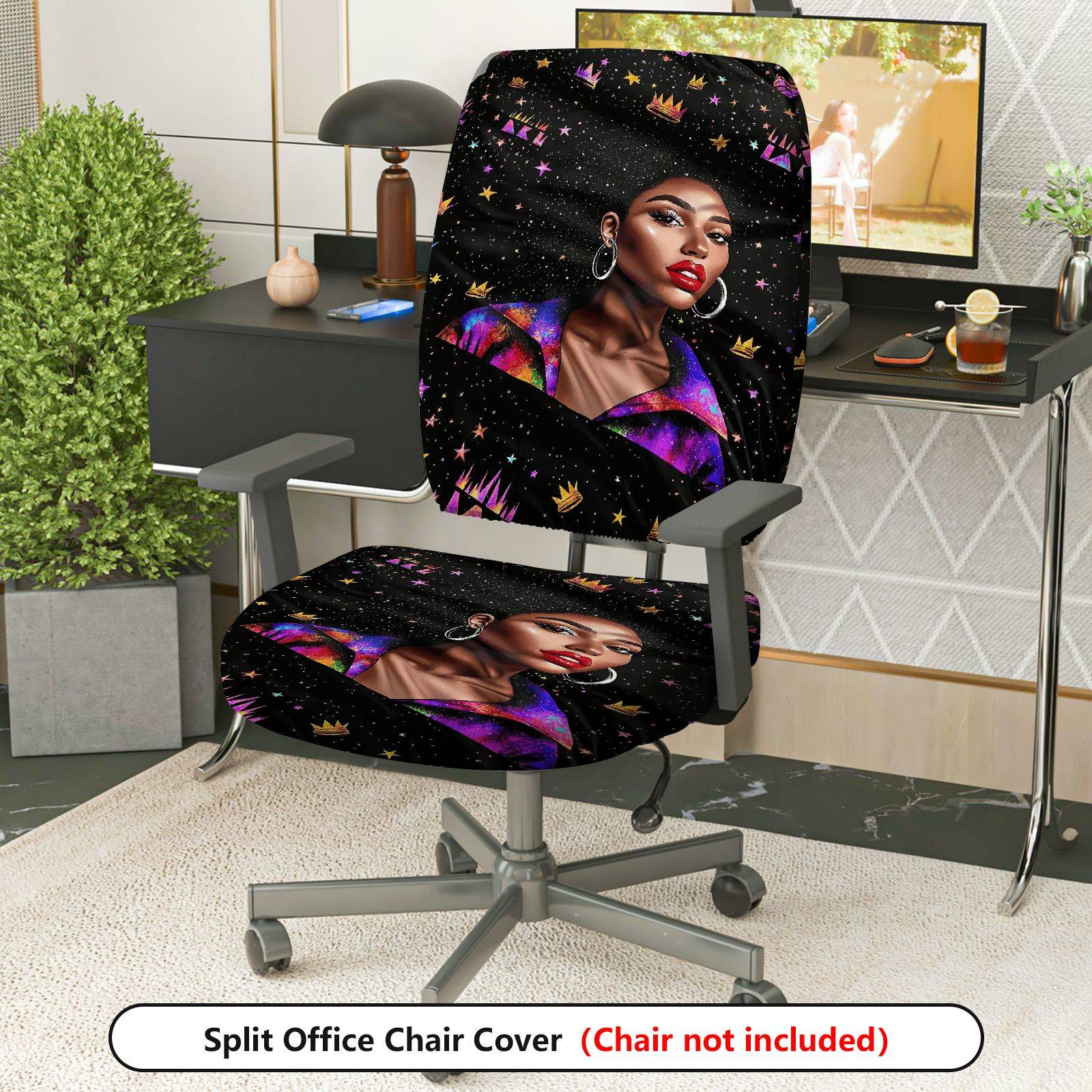2-Piece African American Woman Galaxy Crown Star  Computer Chair Cover Set, Seat and Backrest