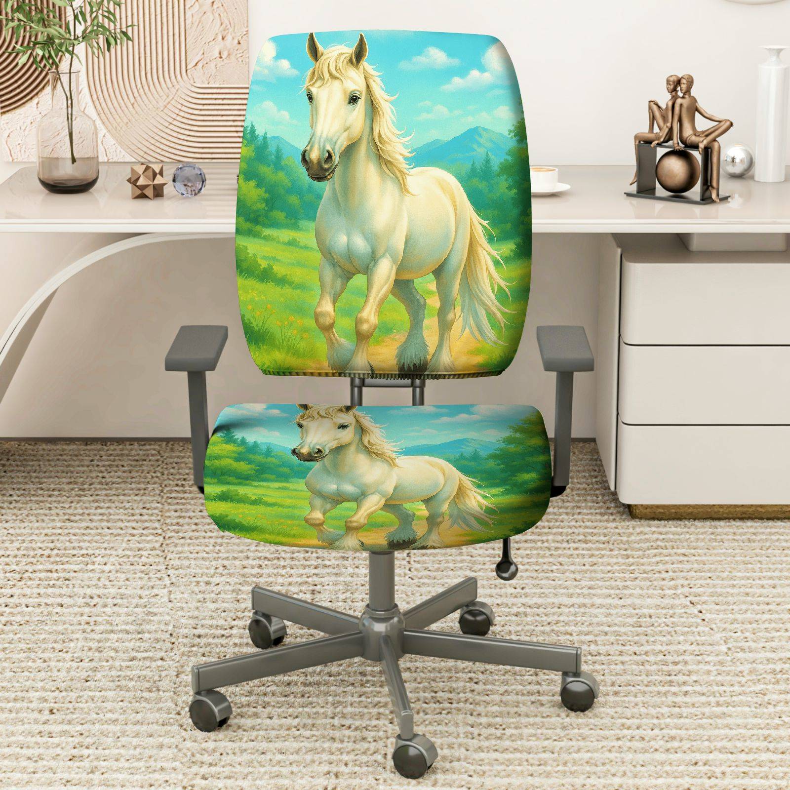 2-Piece Horse Nature Landscape Scenery Animal Art  Computer Chair Cover Set, Seat and Backrest