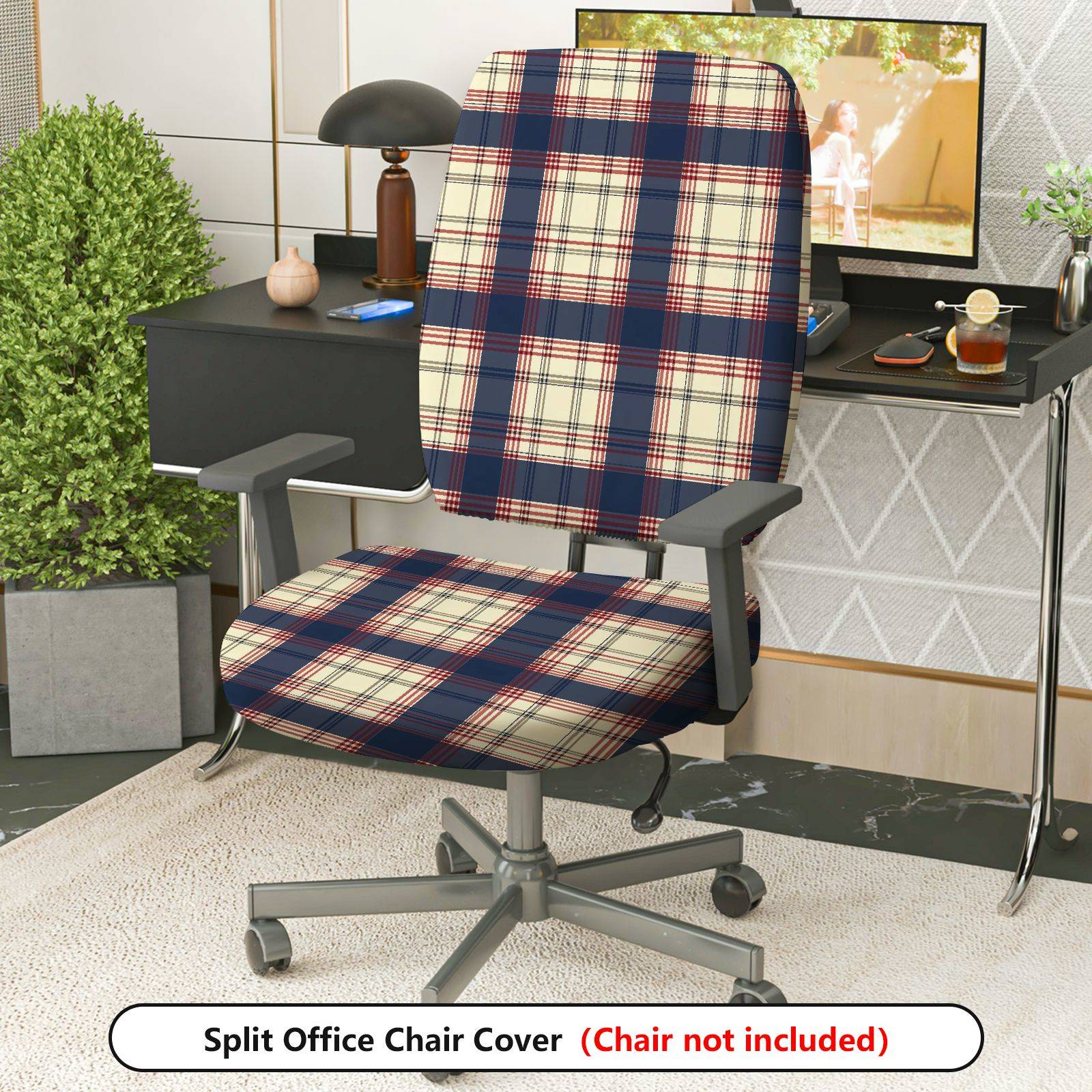 2-Piece Blue Red Plaid Classic Geometric  Computer Chair Cover Set, Seat and Backrest