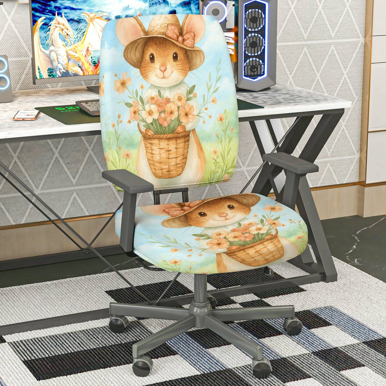 2-Piece Cute Floral Rabbit Pastoral Animal  Computer Chair Cover Set, Seat and Backrest