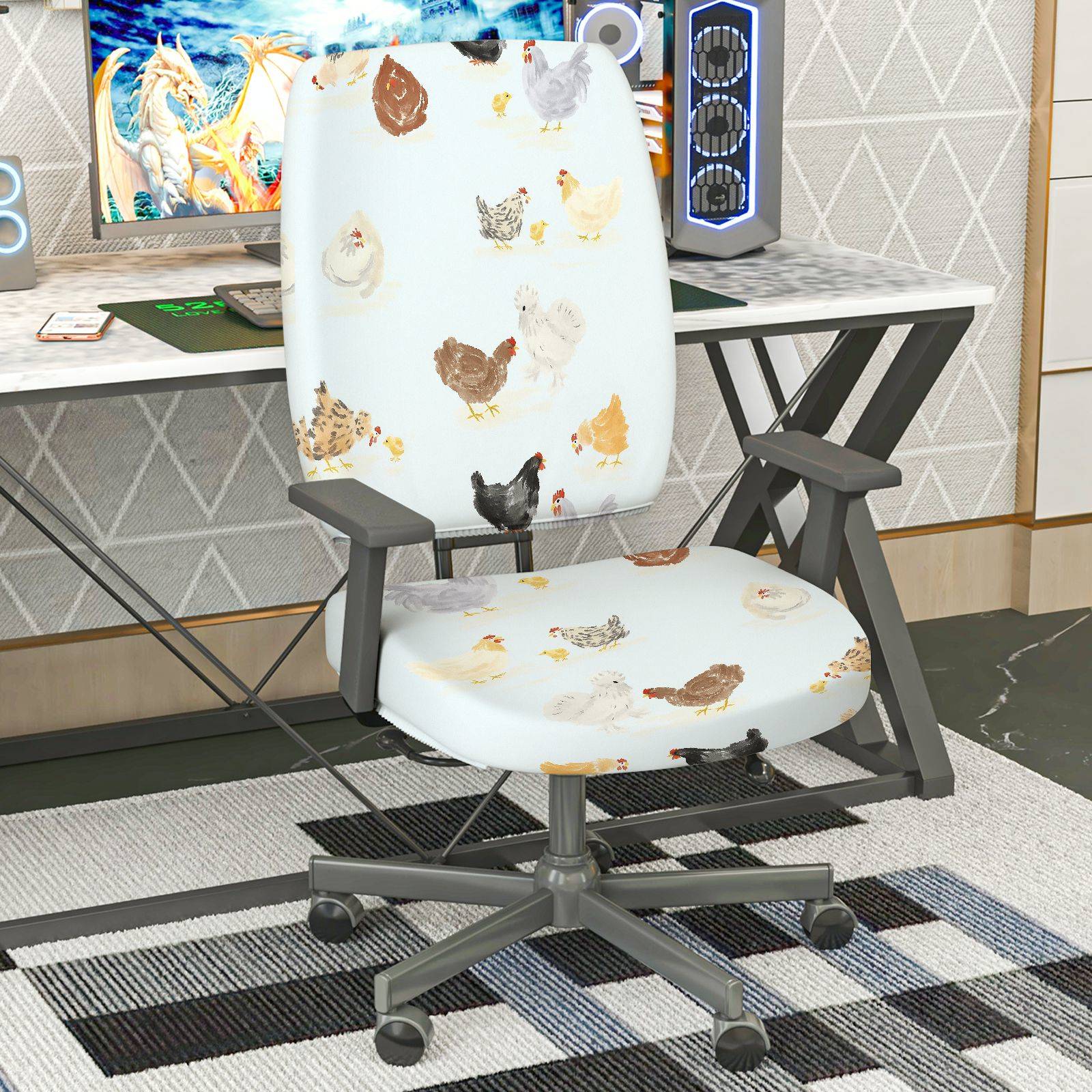2-Piece Animal Chicken Print  Computer Chair Cover Set, Seat and Backrest