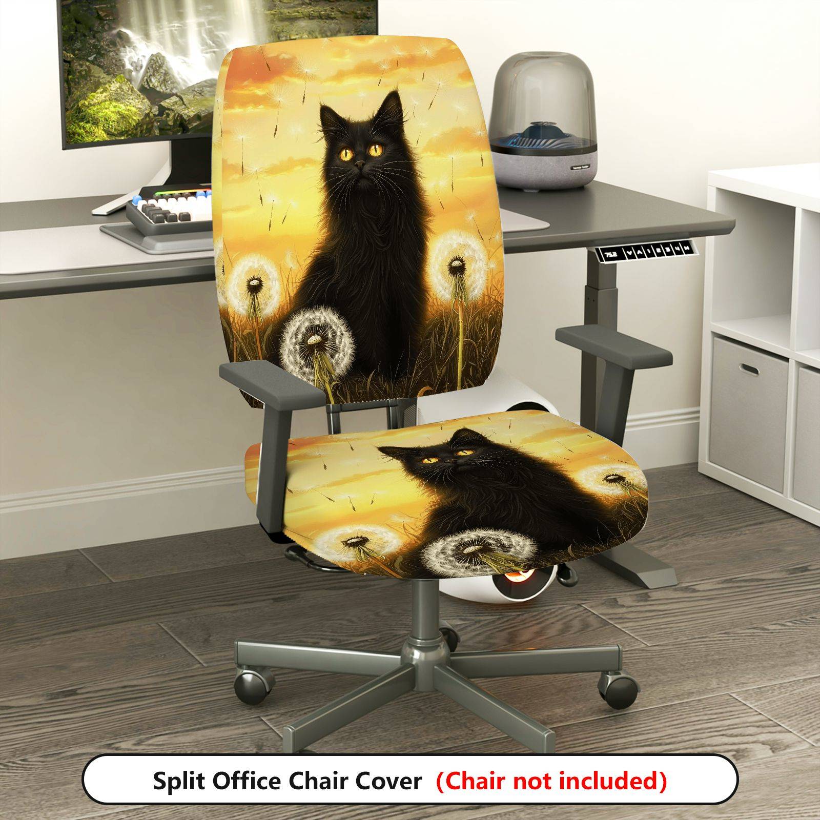 2-Piece Black Cat Dandelion Sunset Art Stylish  Computer Chair Cover Set, Seat and Backrest