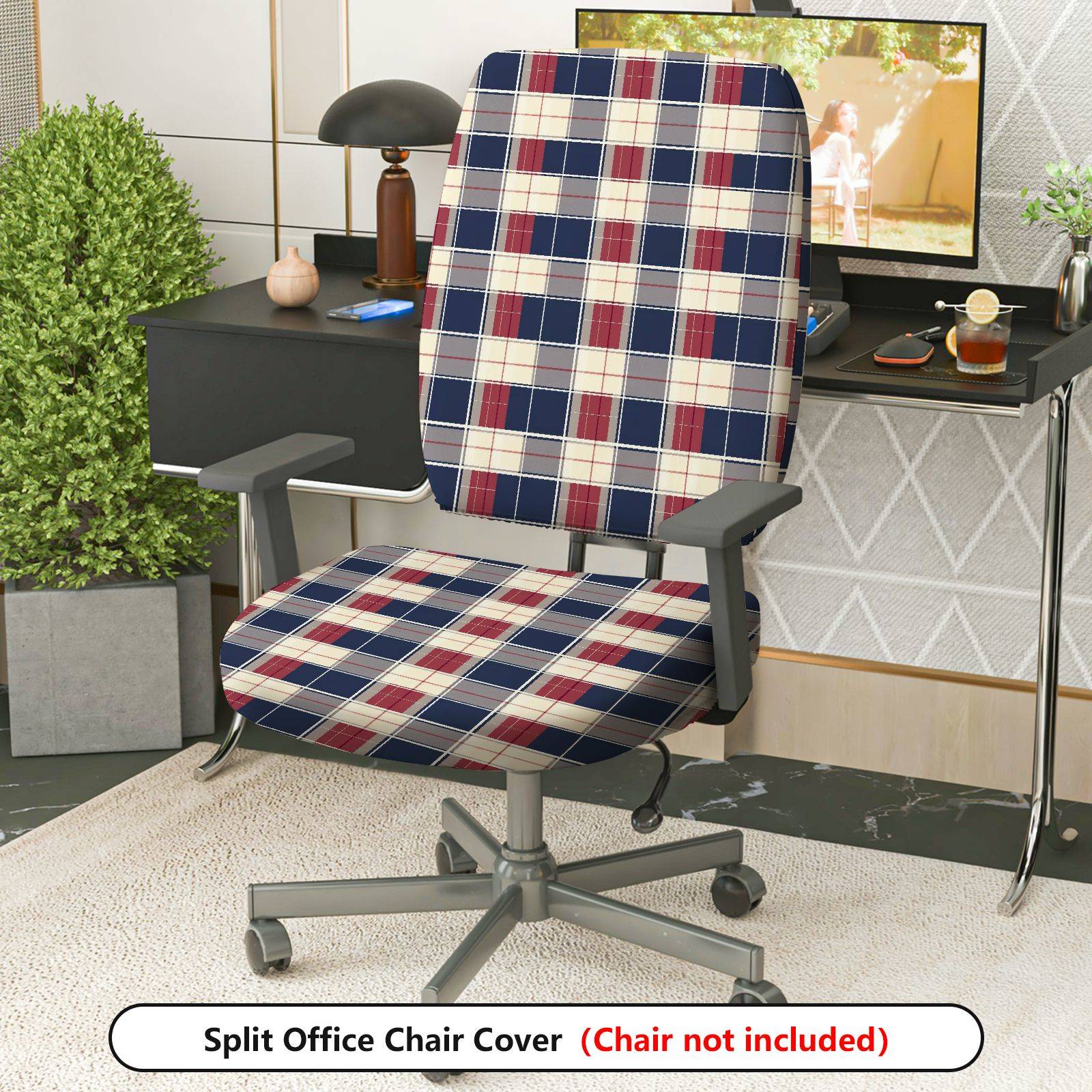 2-Piece Plaid Tartan Checkered Geometric Classic  Computer Chair Cover Set, Seat and Backrest