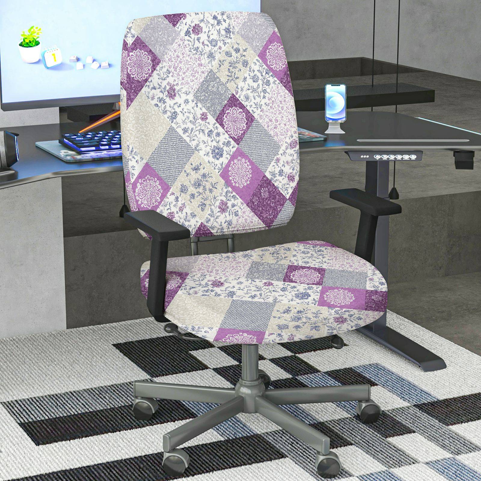 2-Piece Abstract Floral Plaid Purple Quilted  Computer Chair Cover Set, Seat and Backrest