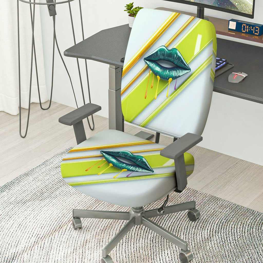 2-Piece Artistic Colorful Lips Stripes Green Yellow Print  Computer Chair Cover Set, Seat and Backrest