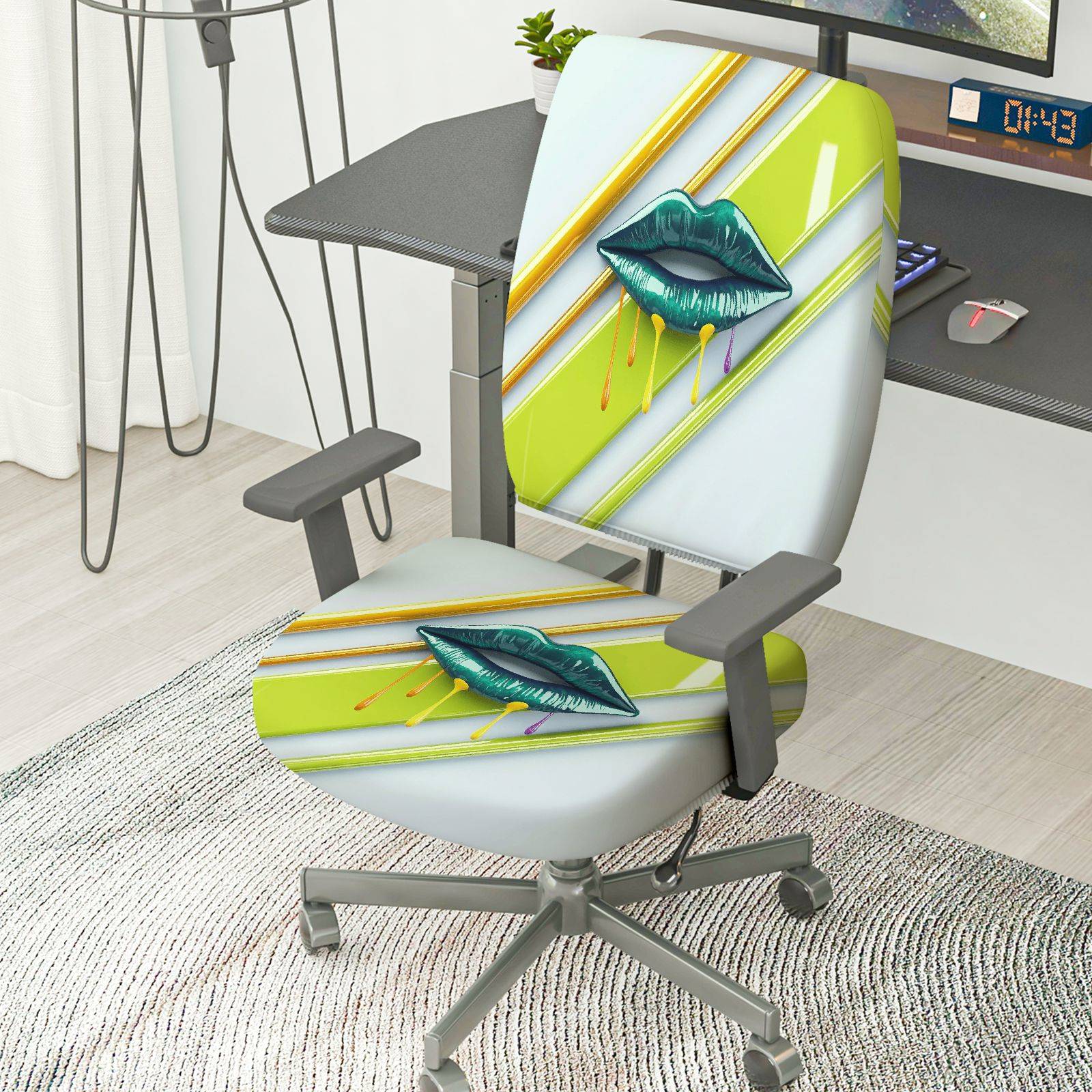 2-Piece Artistic Colorful Lips Stripes Green Yellow Print  Computer Chair Cover Set, Seat and Backrest