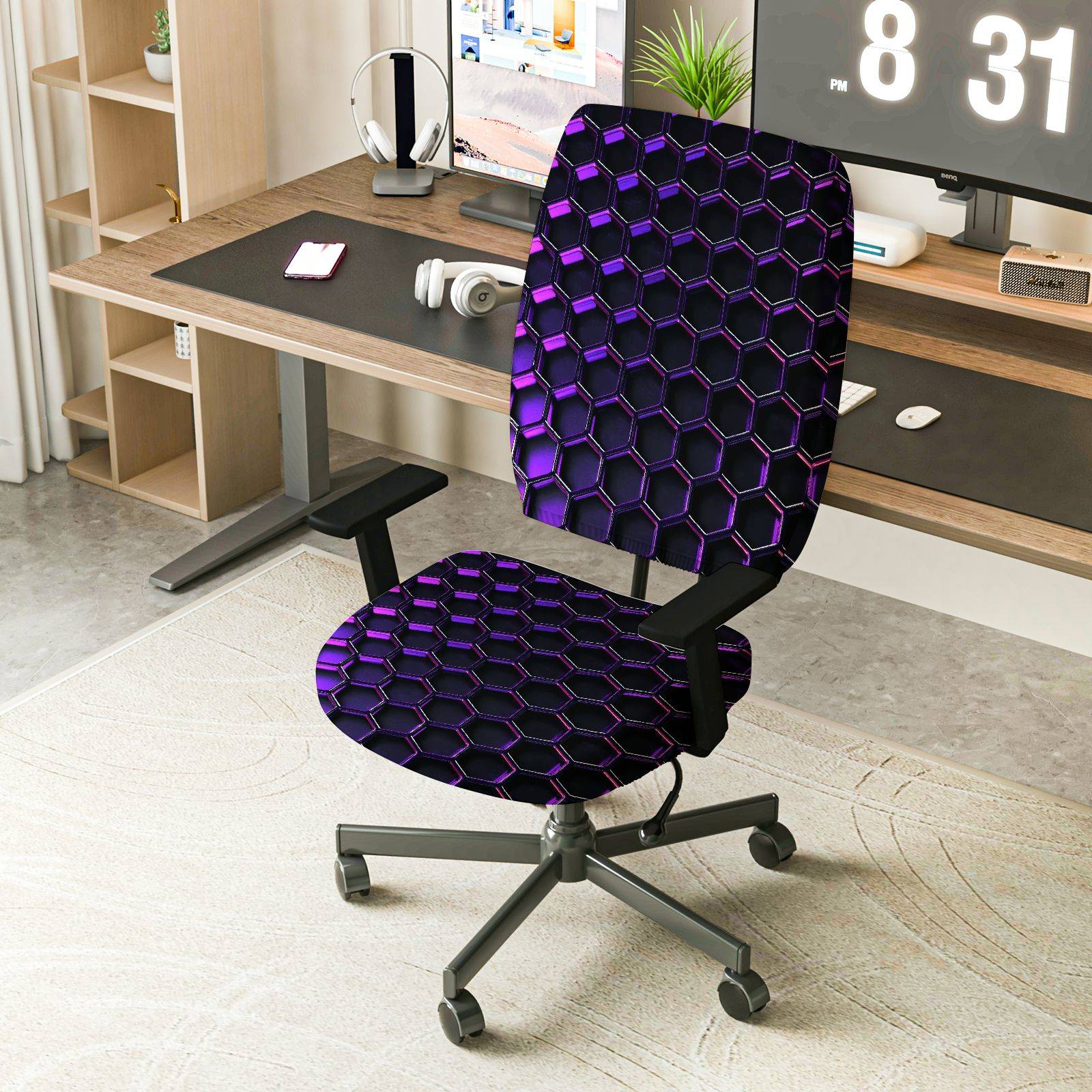 2-Piece Geometric Purple Black Stylish Modern Cool  Computer Chair Cover Set, Seat and Backrest