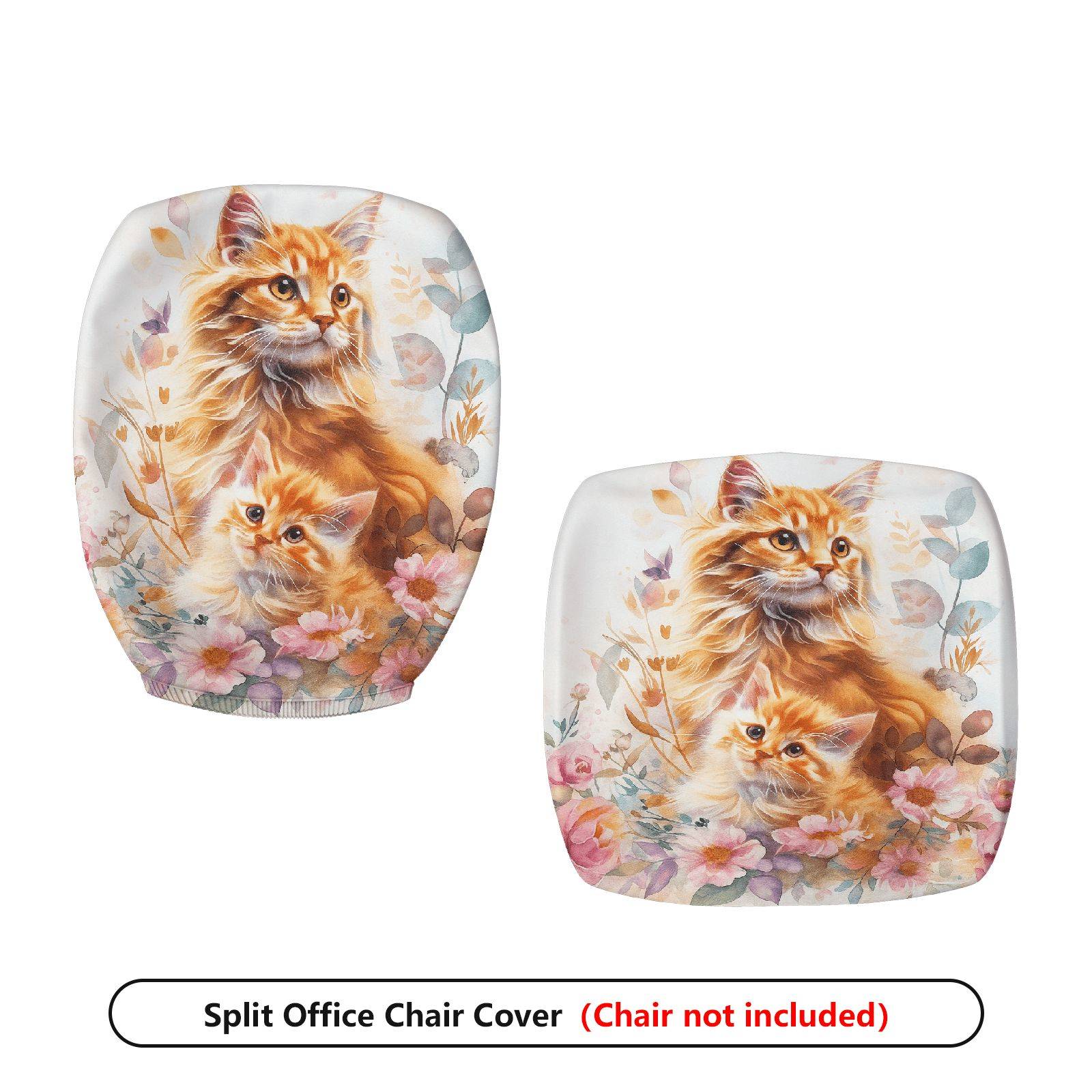 2-Piece Cute Floral Cat Animal Art  Computer Chair Cover Set, Seat and Backrest
