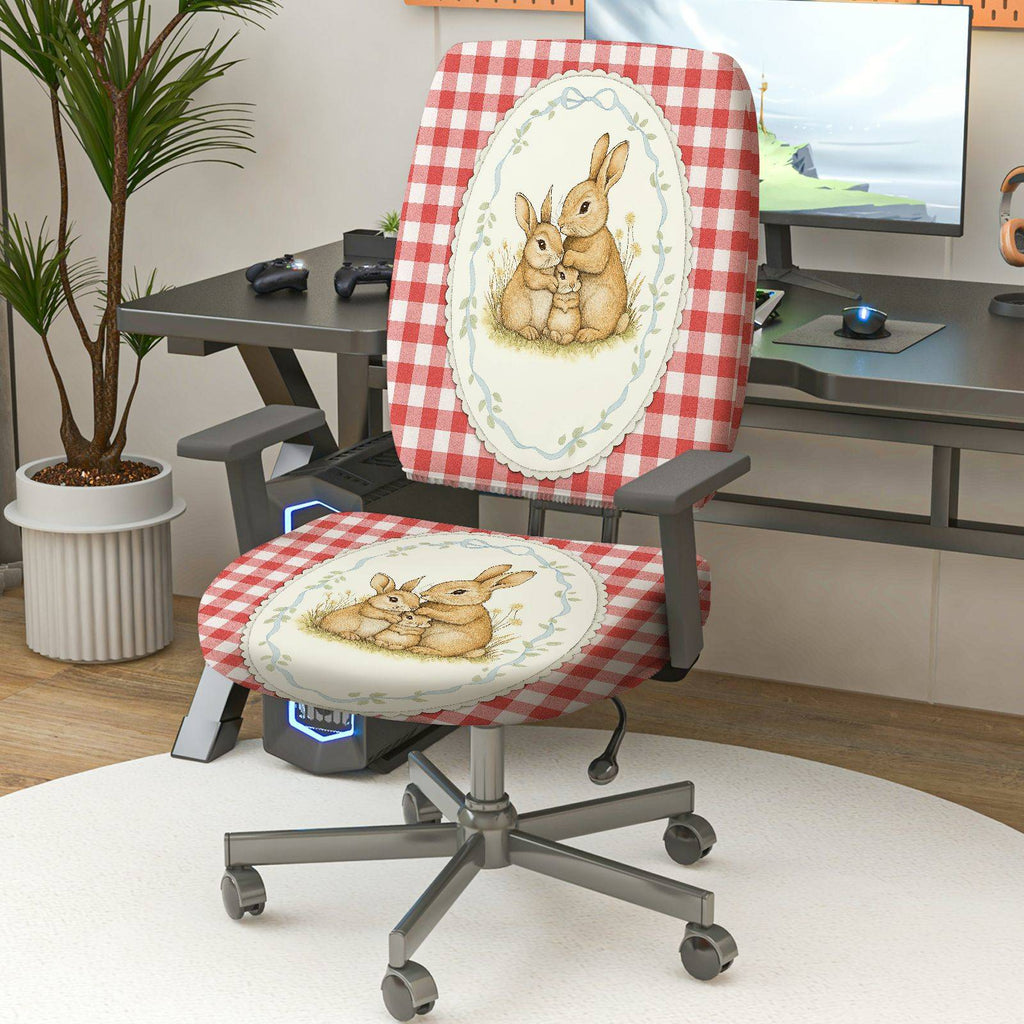 2-Piece Cute Bunny Red Plaid Spring Easter  Computer Chair Cover Set, Seat and Backrest