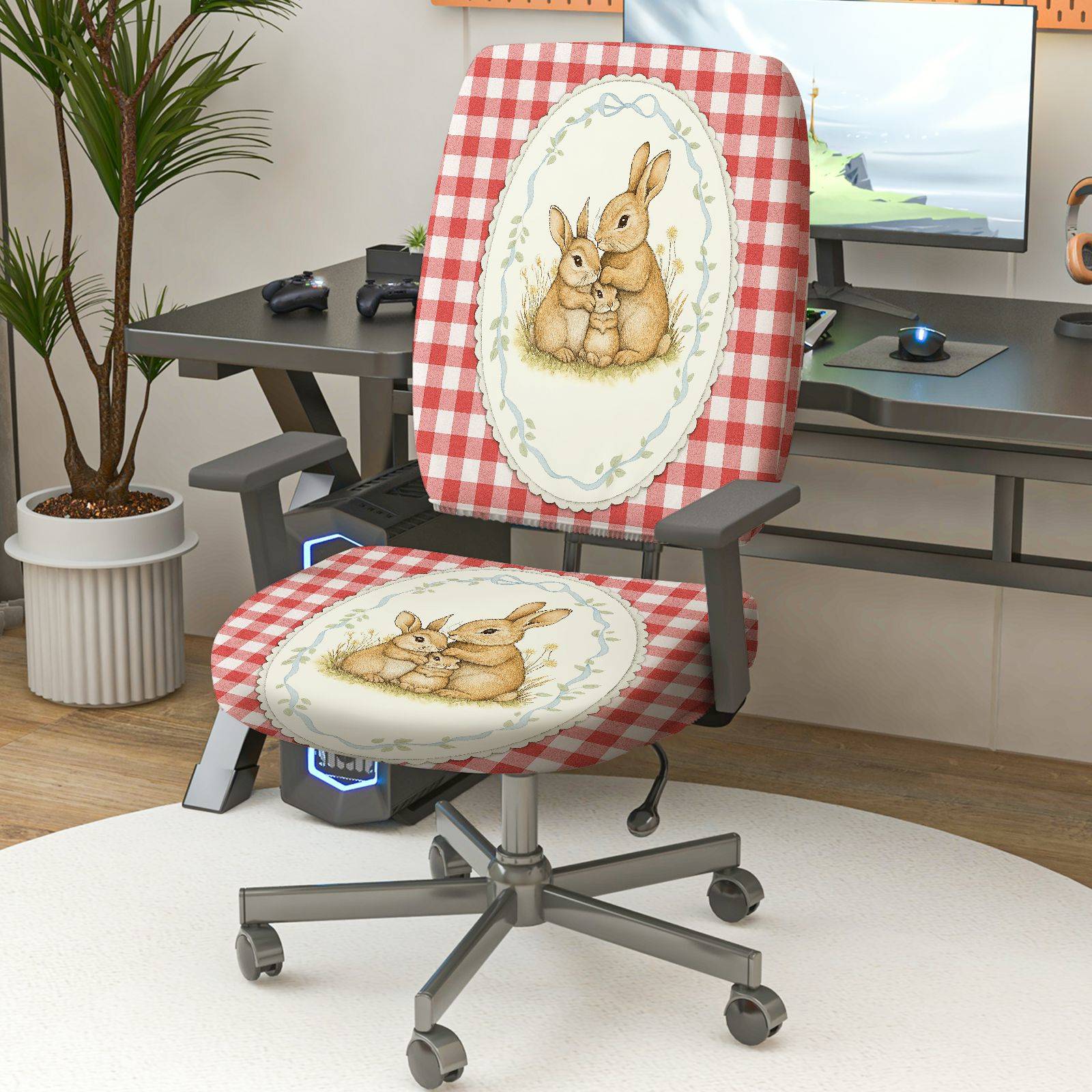 2-Piece Cute Bunny Red Plaid Spring Easter  Computer Chair Cover Set, Seat and Backrest
