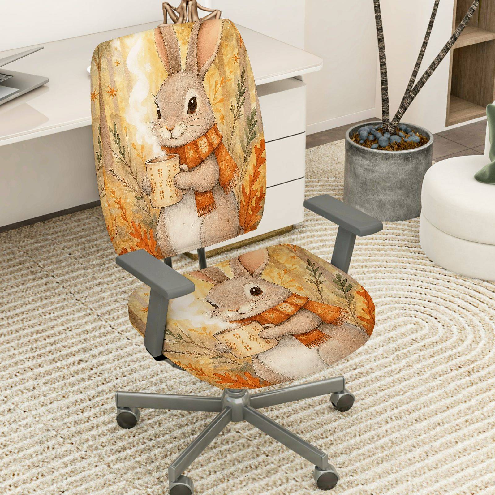 2-Piece Autumn Animal Cute Bunny Warm Coffee  Computer Chair Cover Set, Seat and Backrest