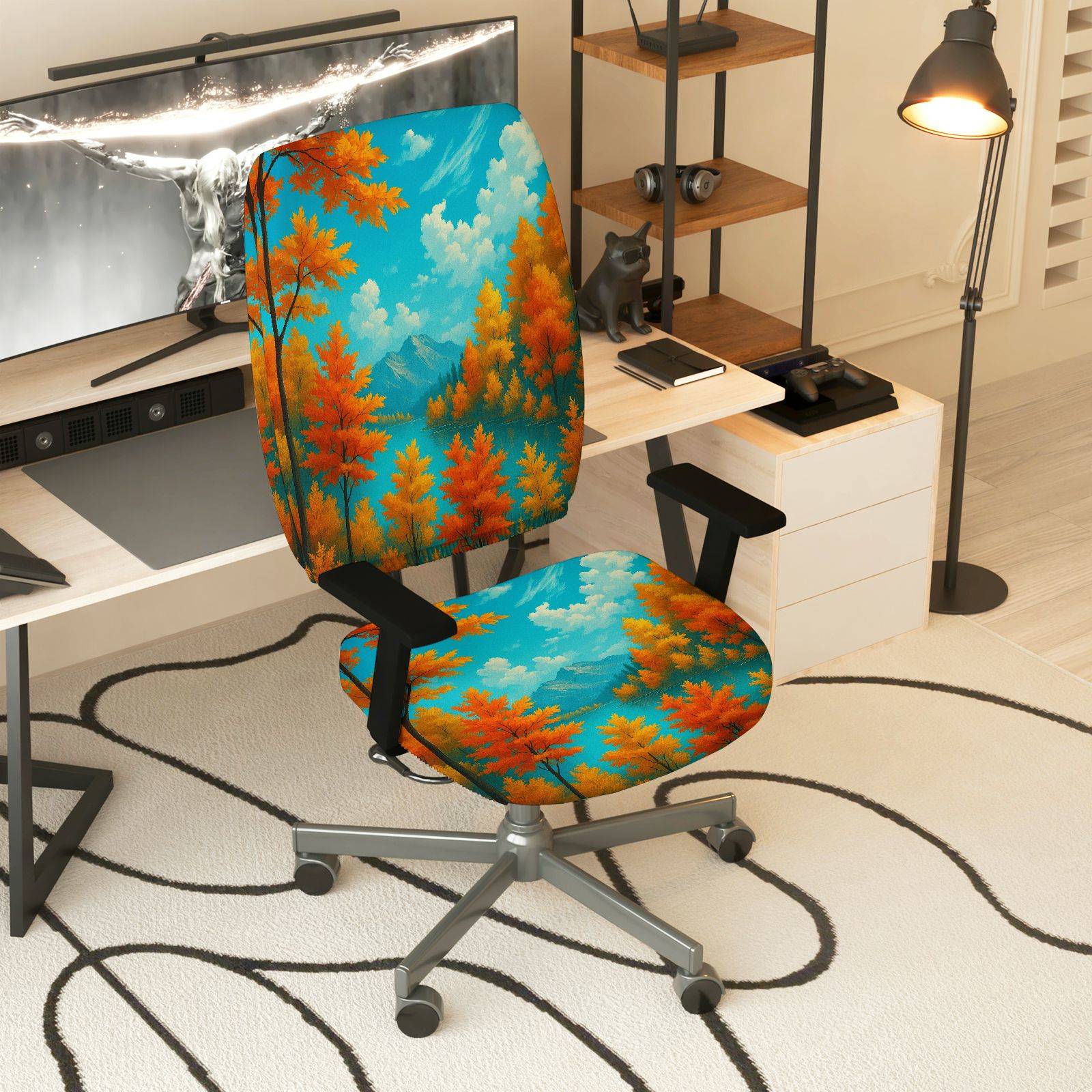 2-Piece Autumn Mountain Forest Scenic Nature  Computer Chair Cover Set, Seat and Backrest