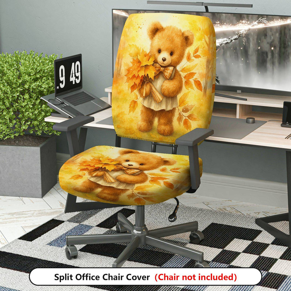 2-Piece Autumn Cute Bear Leaves Decorative  Computer Chair Cover Set, Seat and Backrest