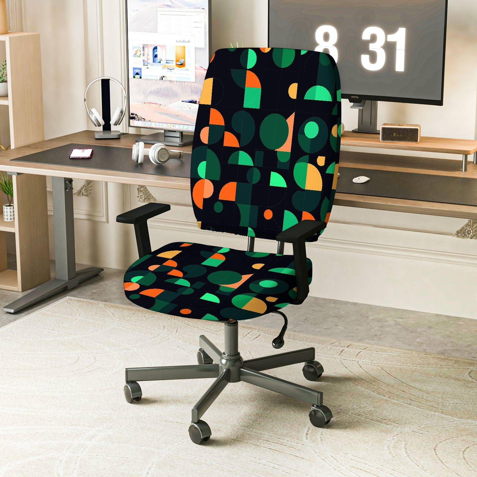 2-Piece Geometric Pattern Modern Art Colorful Vibrant Stylish  Computer Chair Cover Set, Seat and Backrest