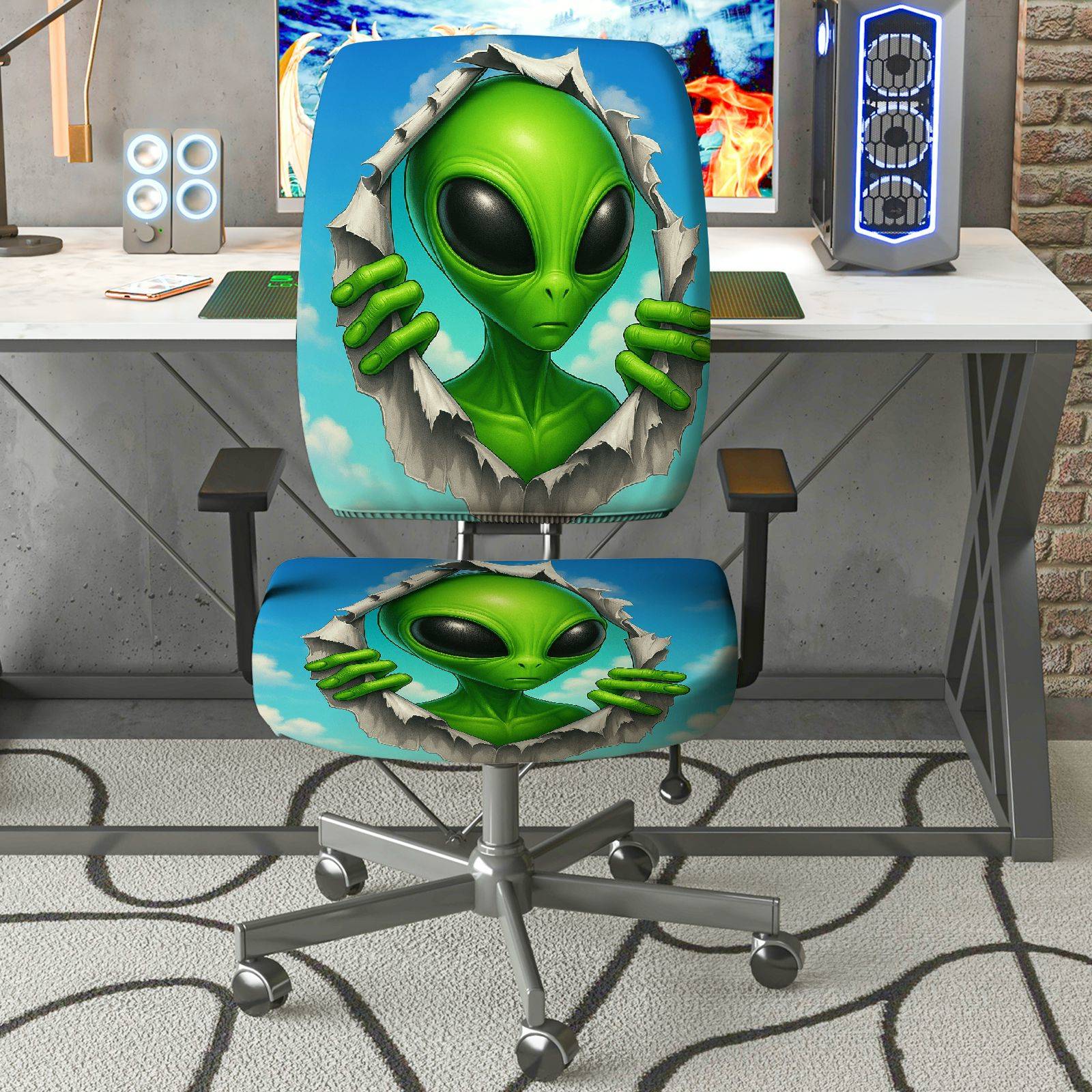 2-Piece Alien Sci-Fi Fun Creative Unique  Computer Chair Cover Set, Seat and Backrest