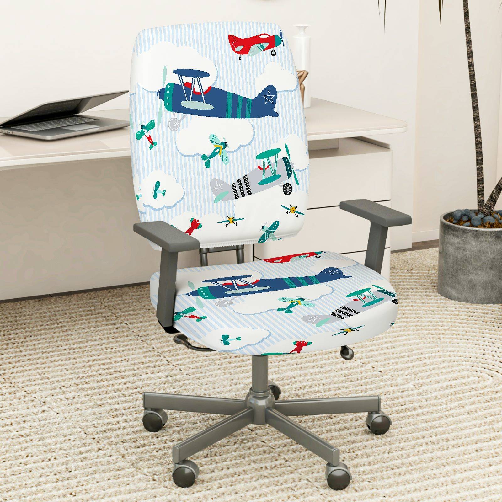 2-Piece Airplane Cloud Stripe Fun  Computer Chair Cover Set, Seat and Backrest