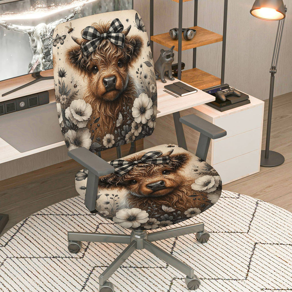 2-Piece Cute Animal Floral Bow Playful Holiday  Computer Chair Cover Set, Seat and Backrest