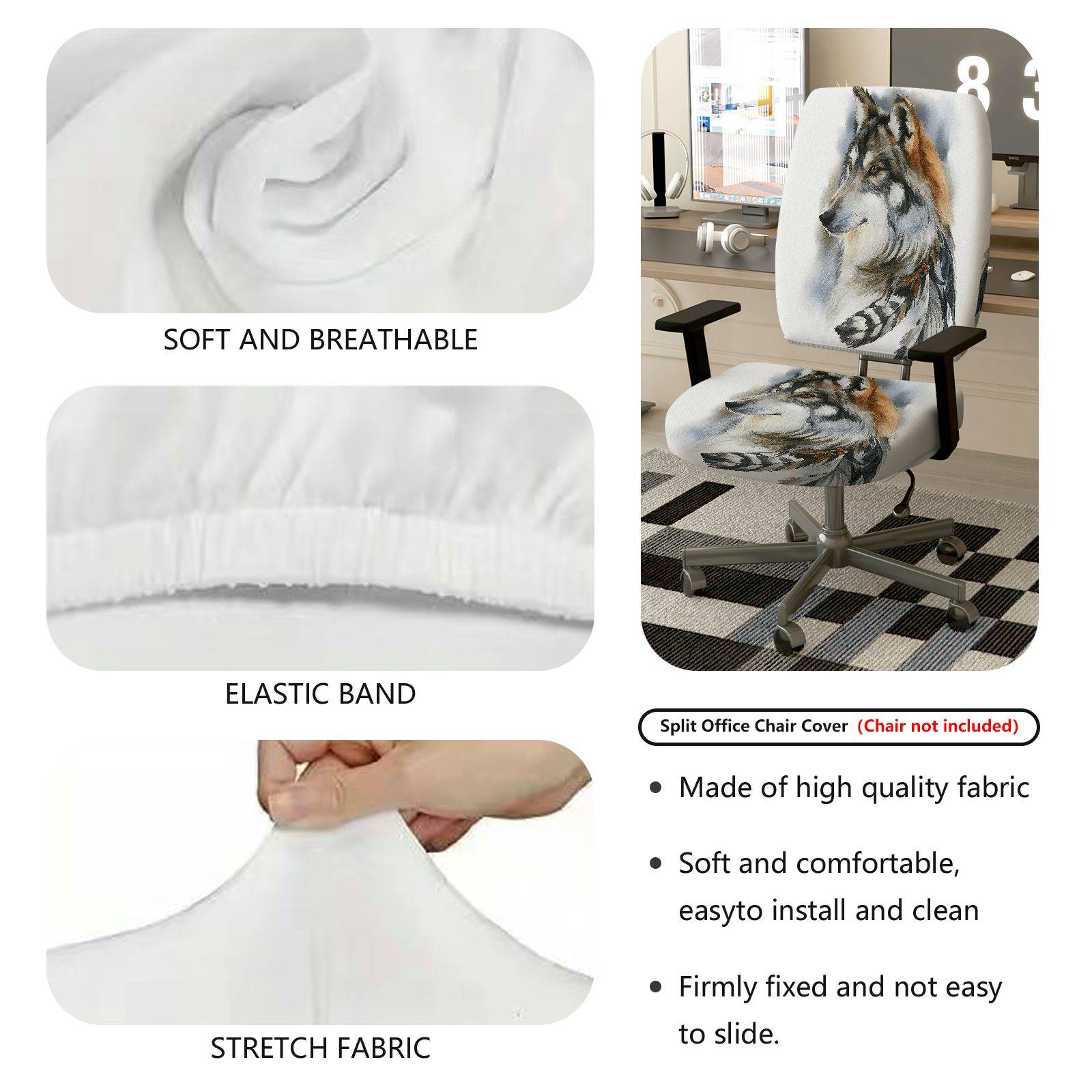 2-Piece Wolf Animal Feather Art Nature Tribal  Computer Chair Cover Set, Seat and Backrest