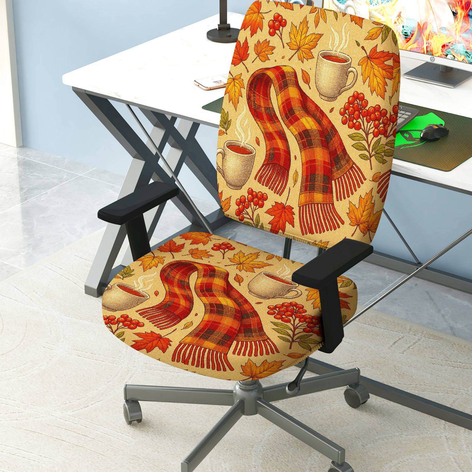 2-Piece Autumn Maple Leaves Coffee Scarf Cozy  Computer Chair Cover Set, Seat and Backrest