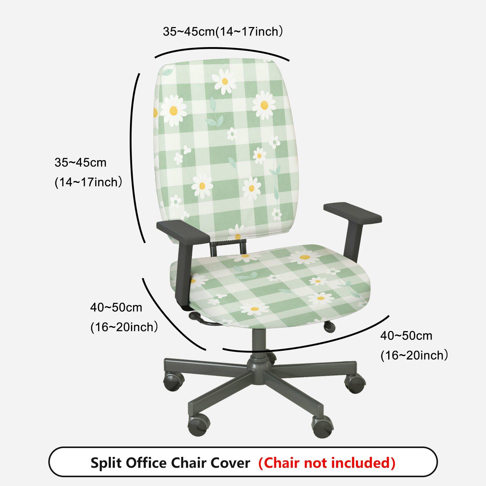 2-Piece Green Checkered Daisy Floral Pattern Spring  Computer Chair Cover Set, Seat and Backrest