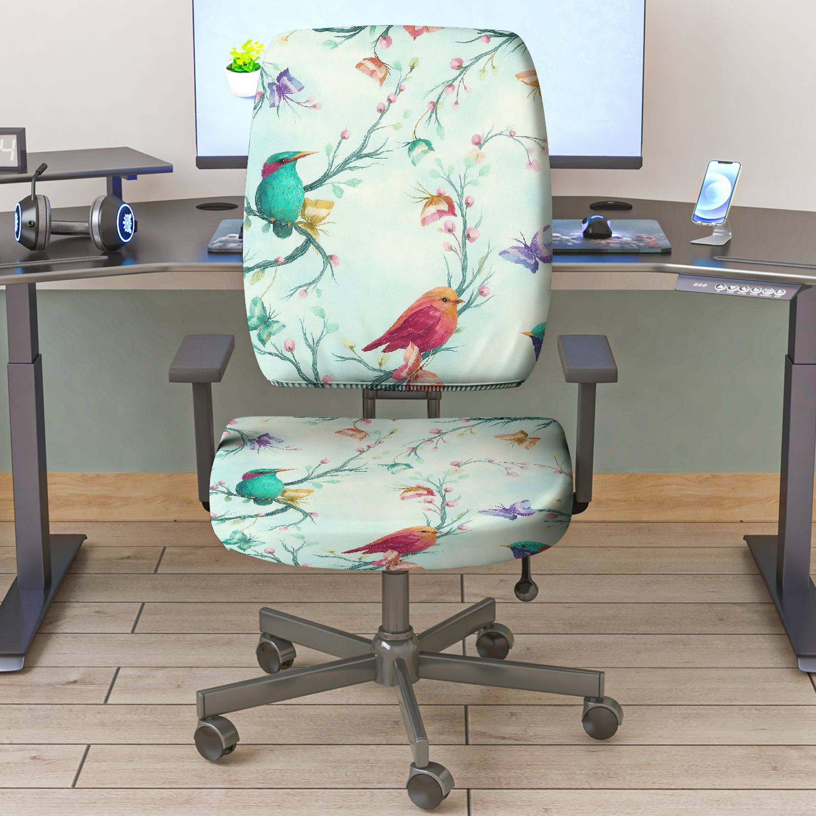 2-Piece Colorful Bird Flower  Computer Chair Cover Set, Seat and Backrest