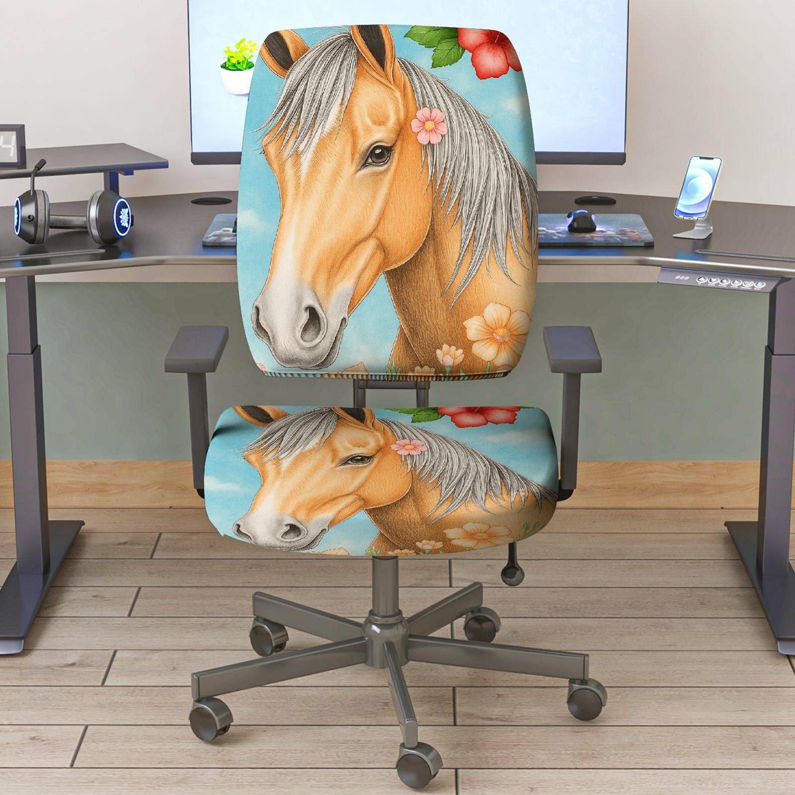 2-Piece Horse Floral Artistic Colorful Nature Animal  Computer Chair Cover Set, Seat and Backrest
