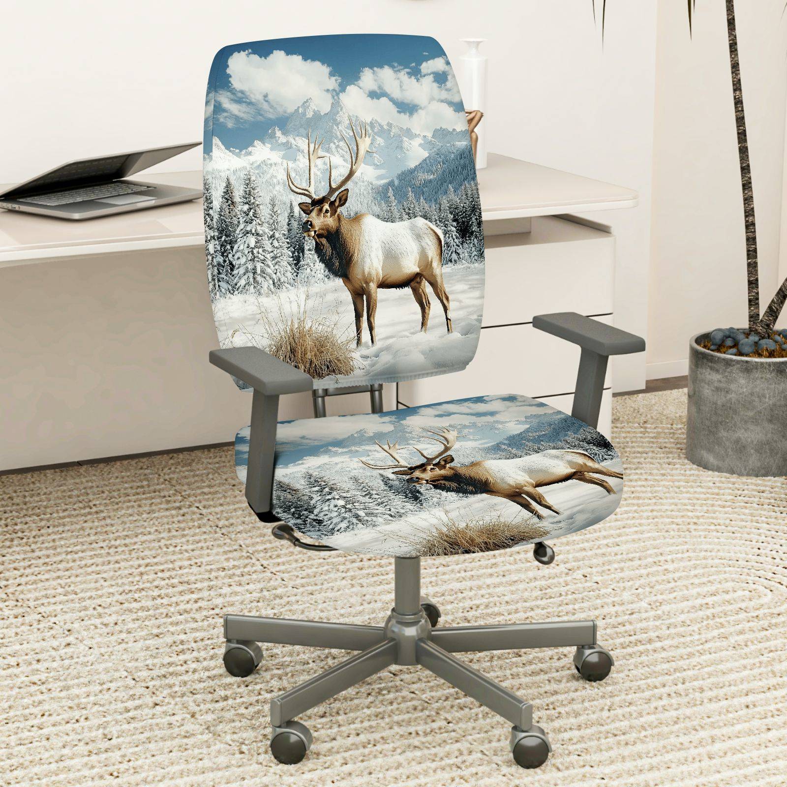 2-Piece Animal Mountain Snow Winter Elk  Computer Chair Cover Set, Seat and Backrest