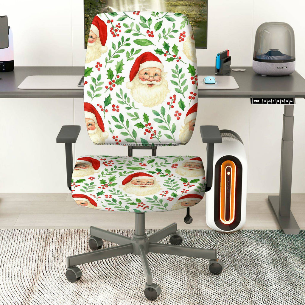 2-Piece Christmas Santa Claus Holly Berry Festive Decoration  Computer Chair Cover Set, Seat and Backrest