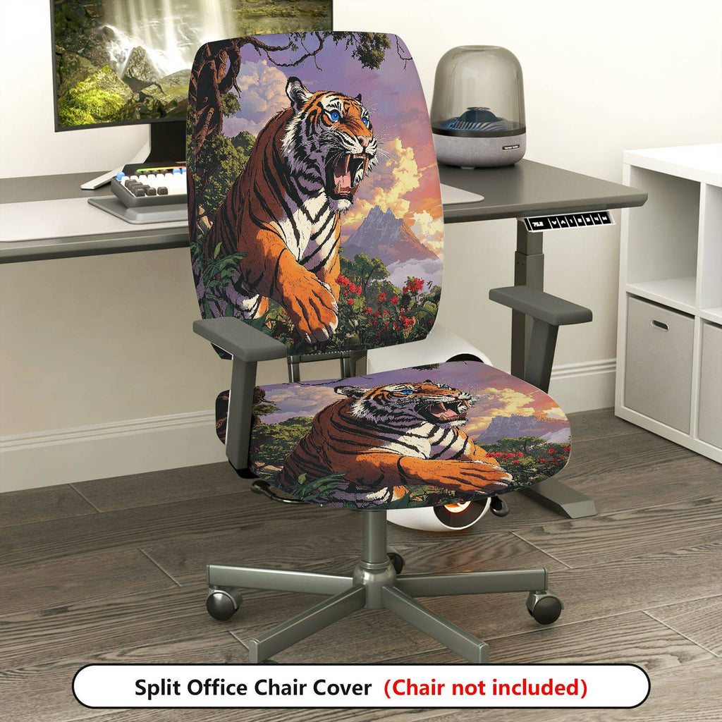 2-Piece Tiger Jungle Forest Animal Print  Computer Chair Cover Set, Seat and Backrest