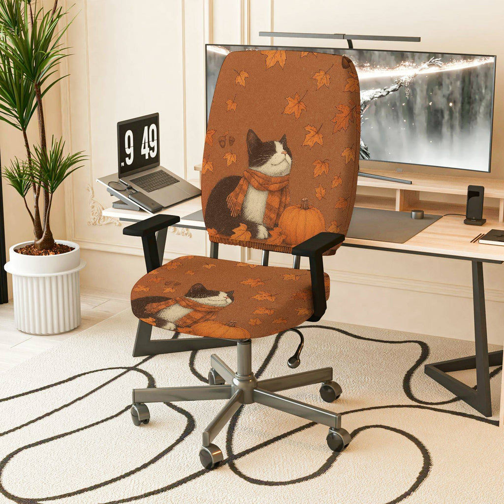 2-Piece Autumn Leaves Pumpkin Cat Warm  Computer Chair Cover Set, Seat and Backrest