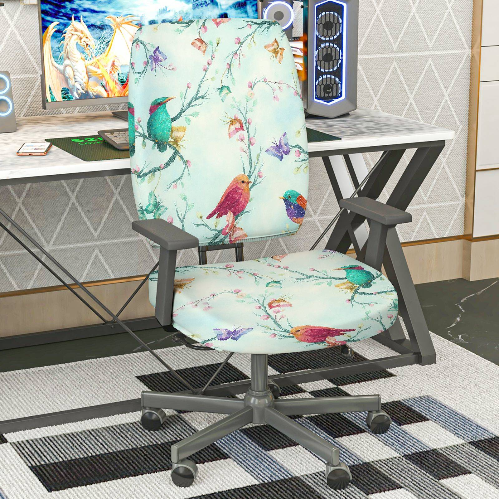 2-Piece Colorful Bird Flower  Computer Chair Cover Set, Seat and Backrest