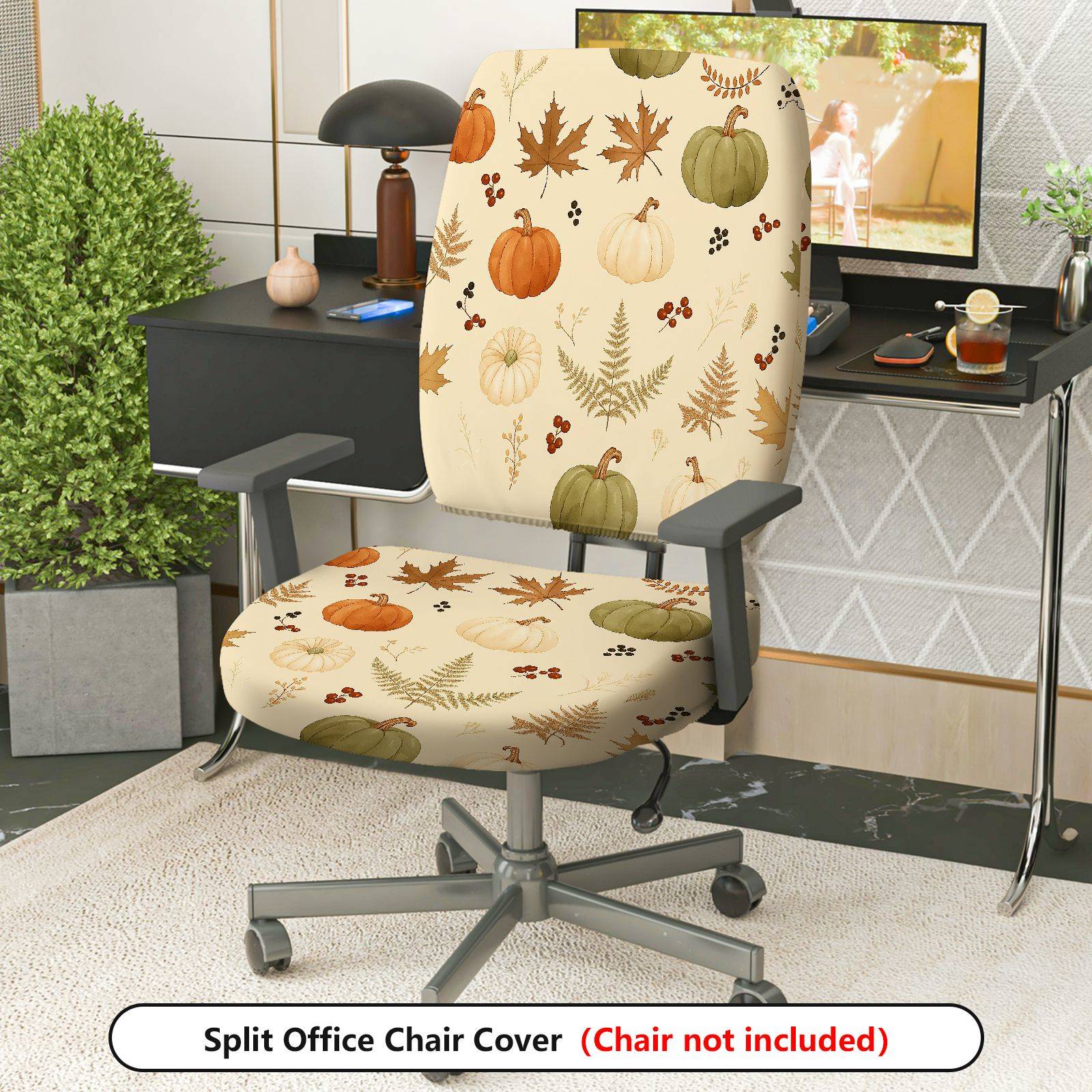 2-Piece Autumn Pumpkin Leaf Thanksgiving  Computer Chair Cover Set, Seat and Backrest