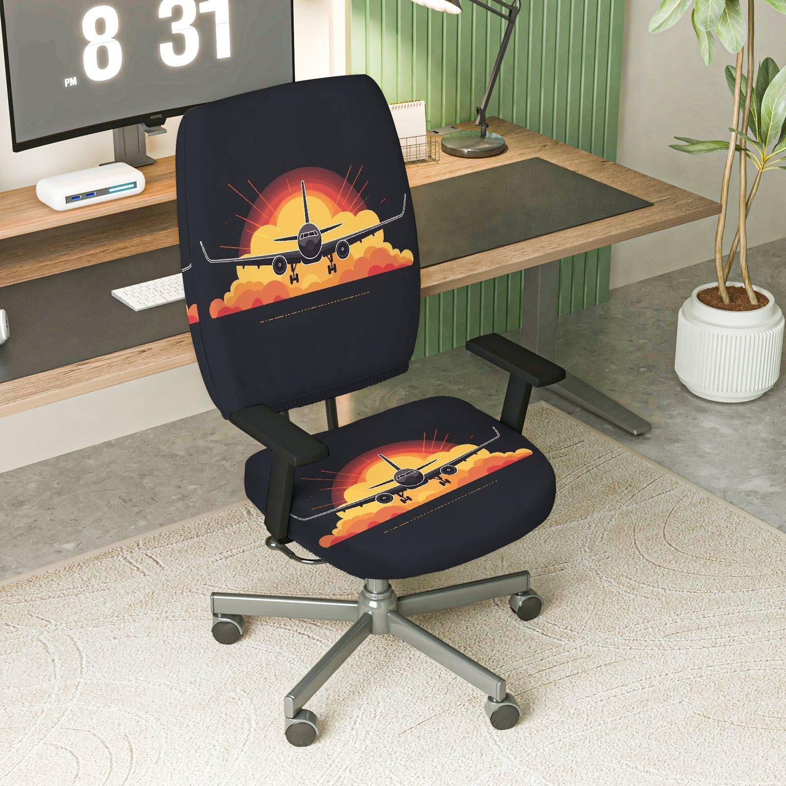 2-Piece Airplane Sunset Clouds Journey Adventure Travel  Computer Chair Cover Set, Seat and Backrest