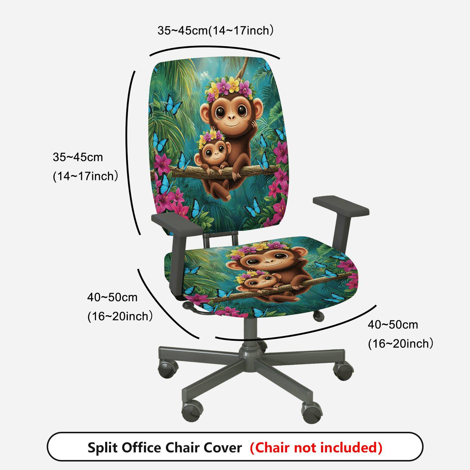 2-Piece Monkey Jungle Floral Butterfly Animal  Computer Chair Cover Set, Seat and Backrest