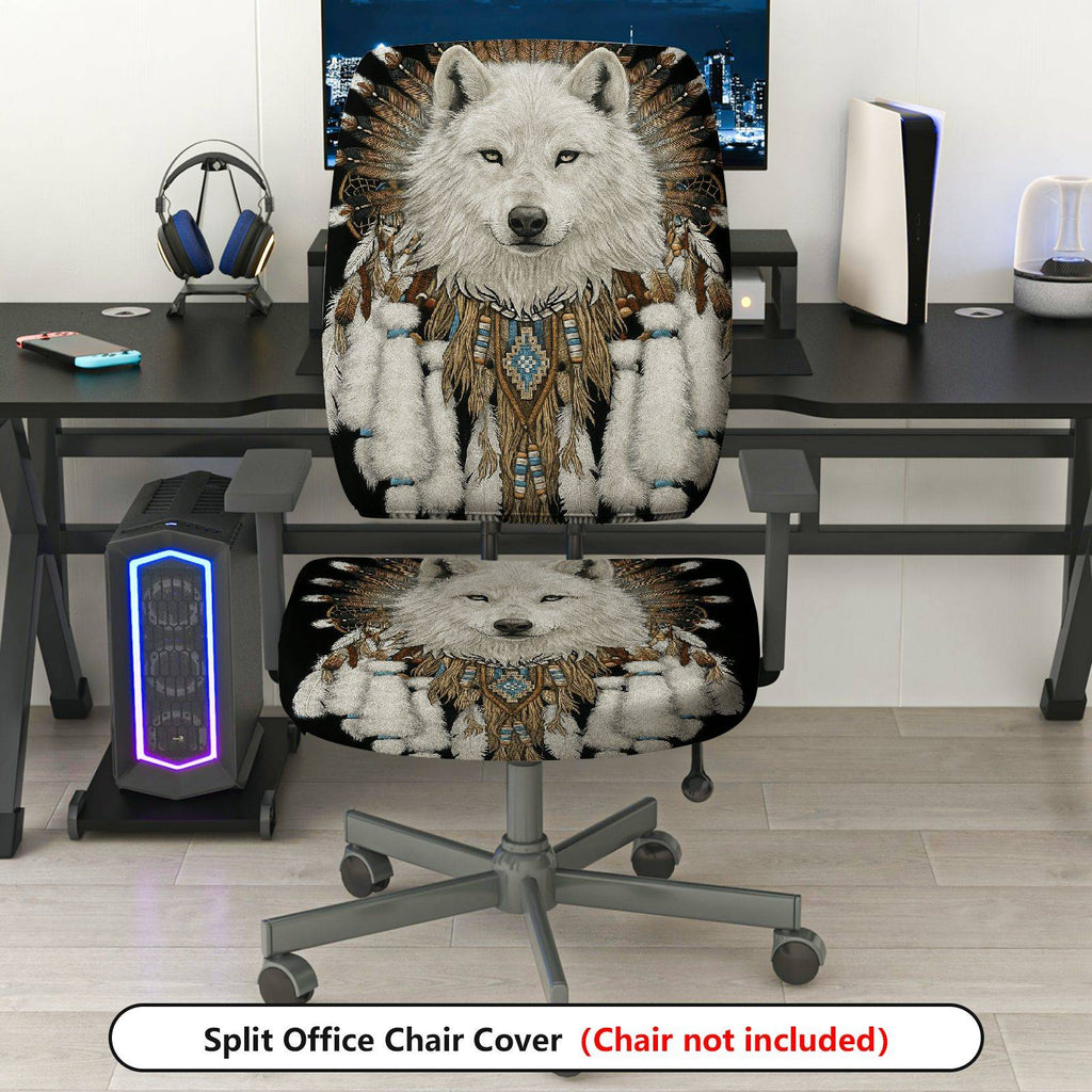 2-Piece Animal Native Feathers Tribal Wolf  Computer Chair Cover Set, Seat and Backrest