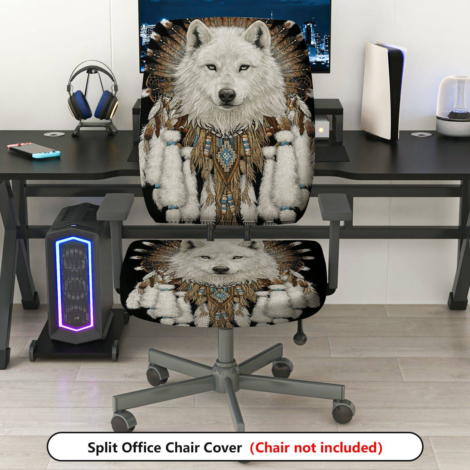 2-Piece Animal Native Feathers Tribal Wolf  Computer Chair Cover Set, Seat and Backrest