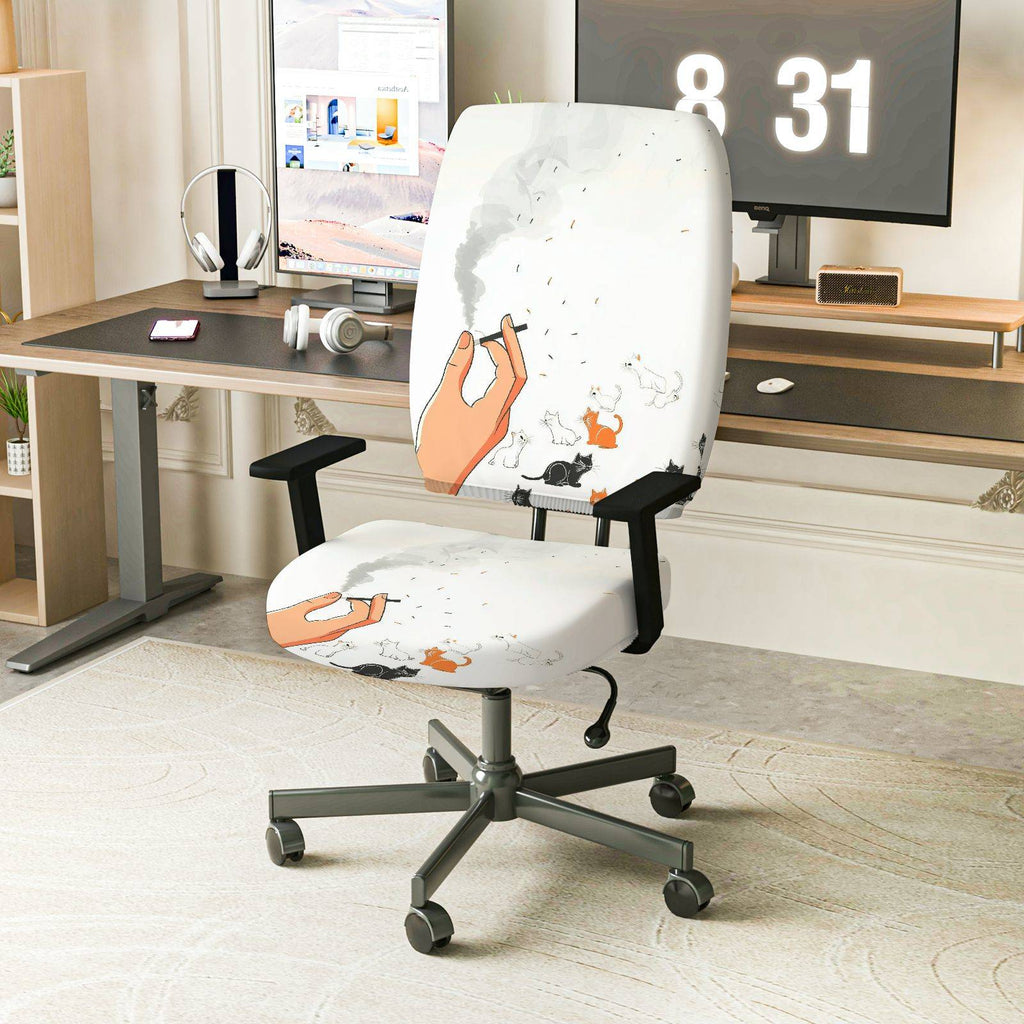 2-Piece Artistic Cat Smoking Hand Design  Computer Chair Cover Set, Seat and Backrest